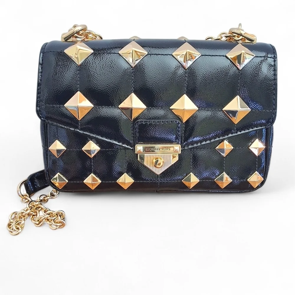 Michael Kors Whitney Studded Patent Leather Shoulder Bag Black Gold